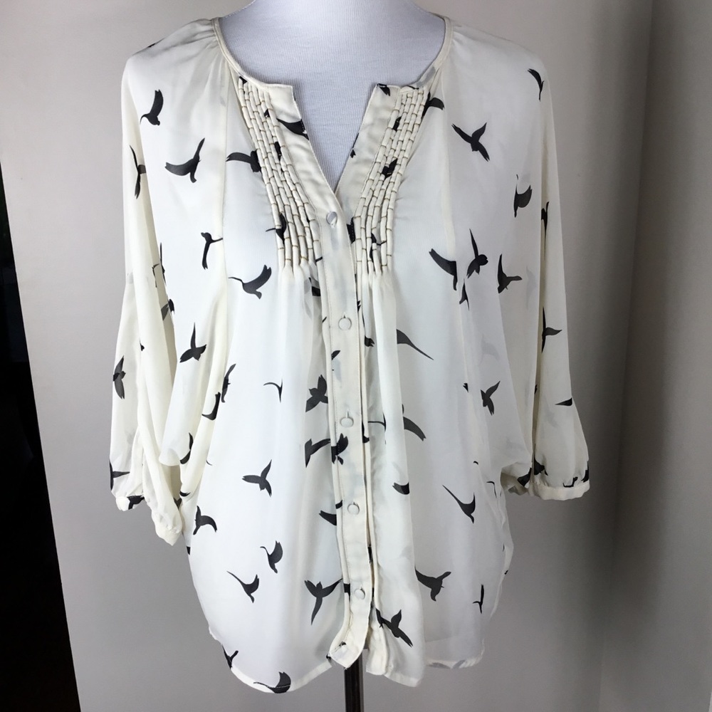 Black Rainn Sheer Top Ivory W/Black‎ Birds Women’s Size Small